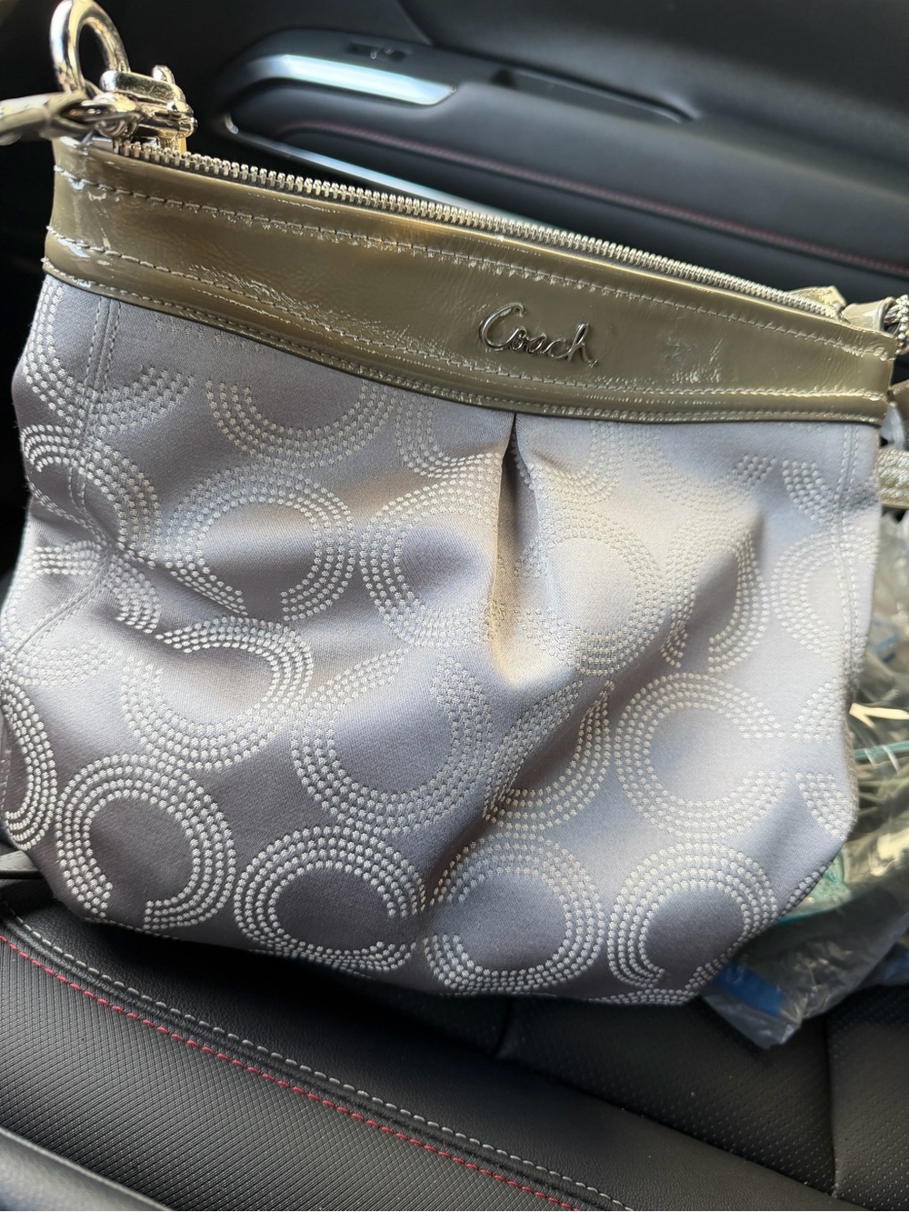 Coach Gray Signature Cosmetic Wristlet with Metallic Trim